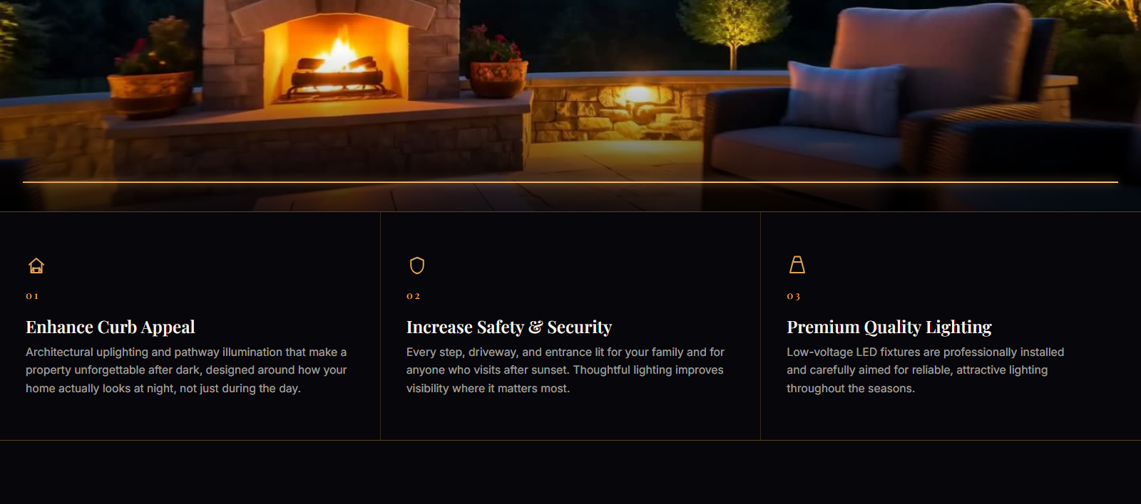 Nightscape Lighting website: Enhance Curb Appeal, Increase Safety and Security, Premium Quality Lighting section