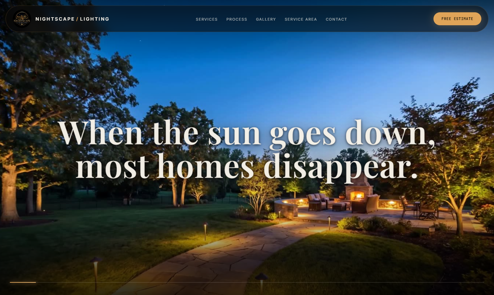 Nightscape Lighting website hero: When the sun goes down, most homes disappear