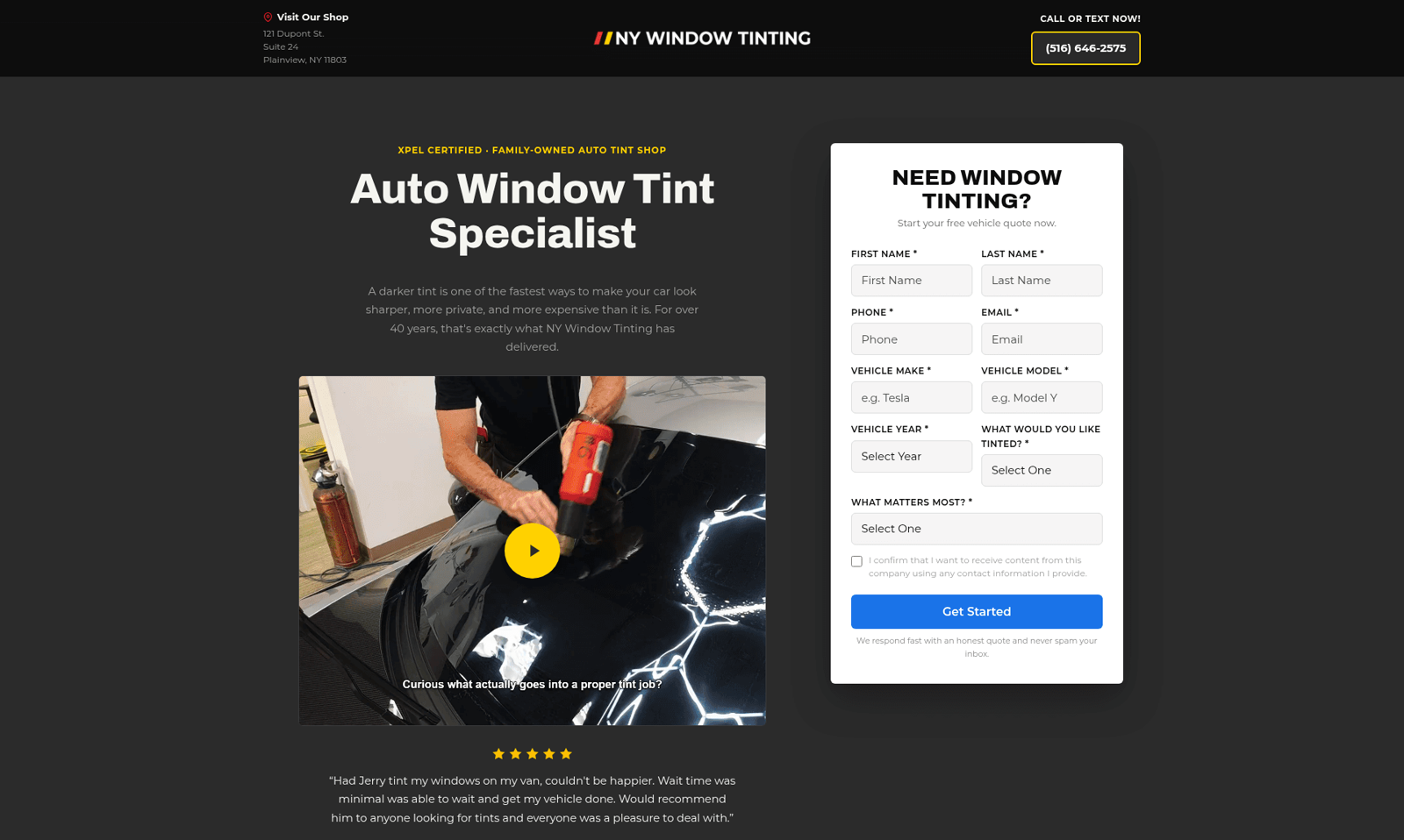 NY Window Tinting PMax landing page hero section with lead form