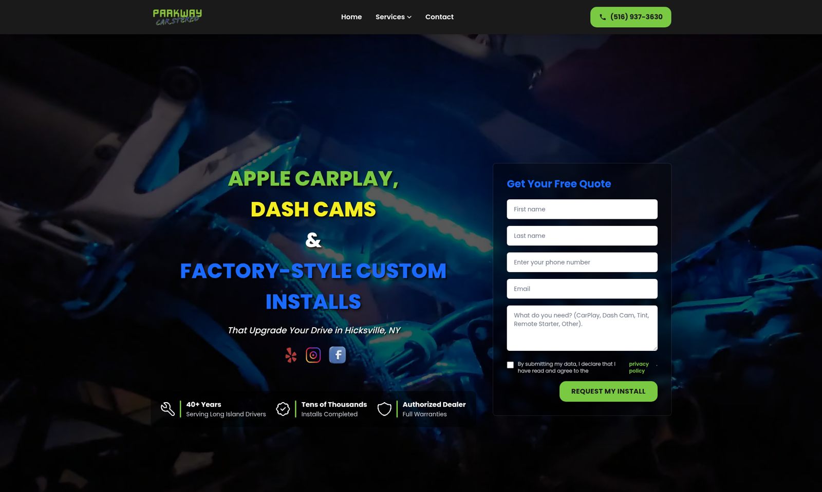 Parkway Car Stereo website hero section with LED lighting install